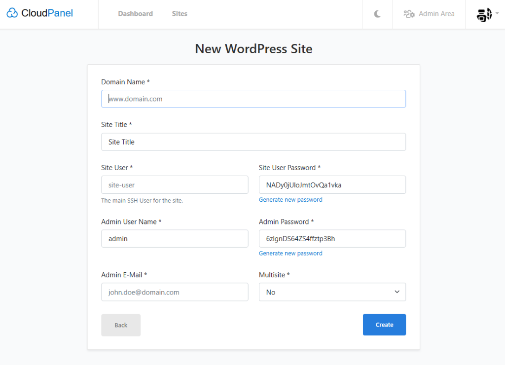 Interfaz de CloudPanel - Creación de Sitio WordPress